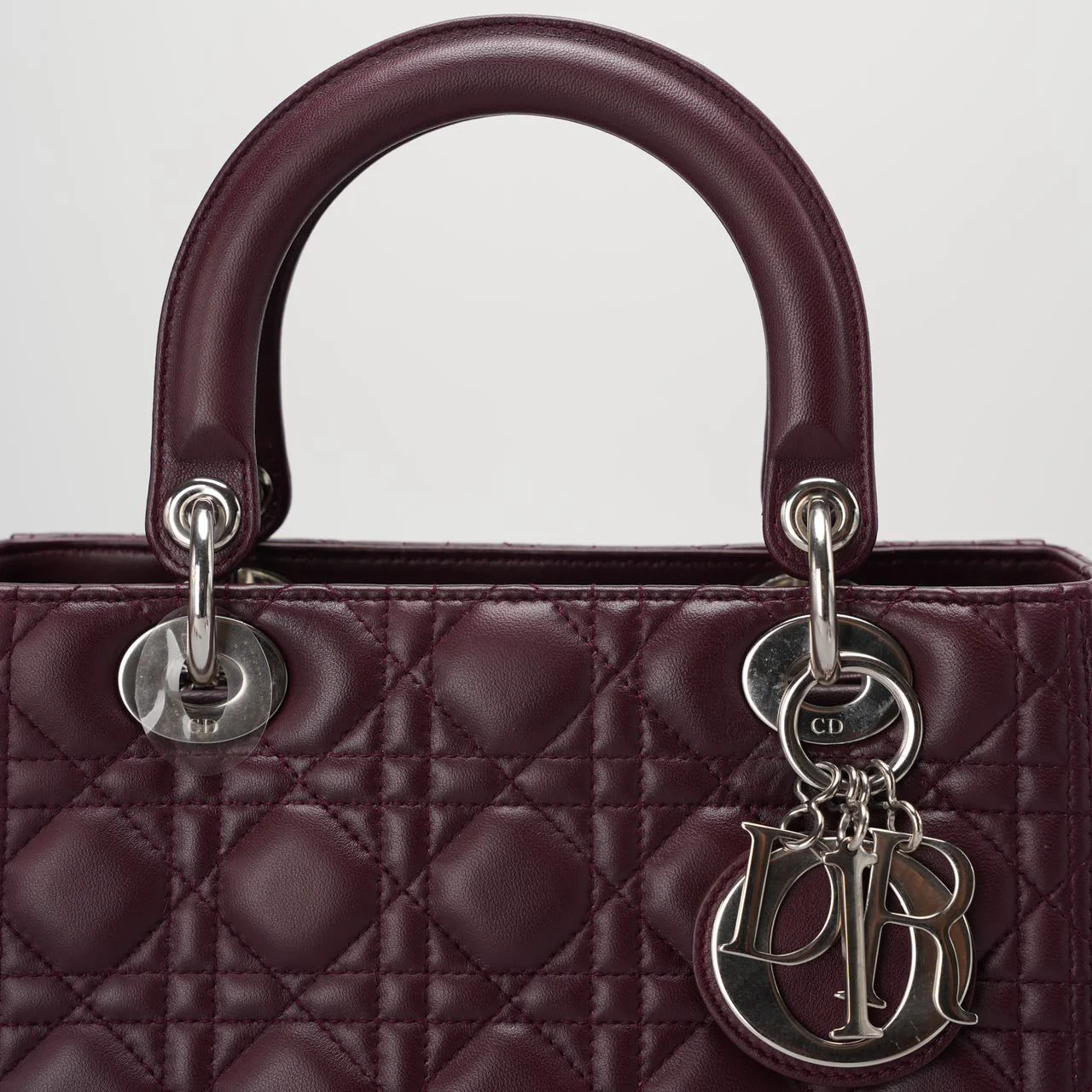 used-Christian Dior Burgundy Lady Dior Bag in Cannage Lambskin Leather with Silver Hardware Medium-MILOURA