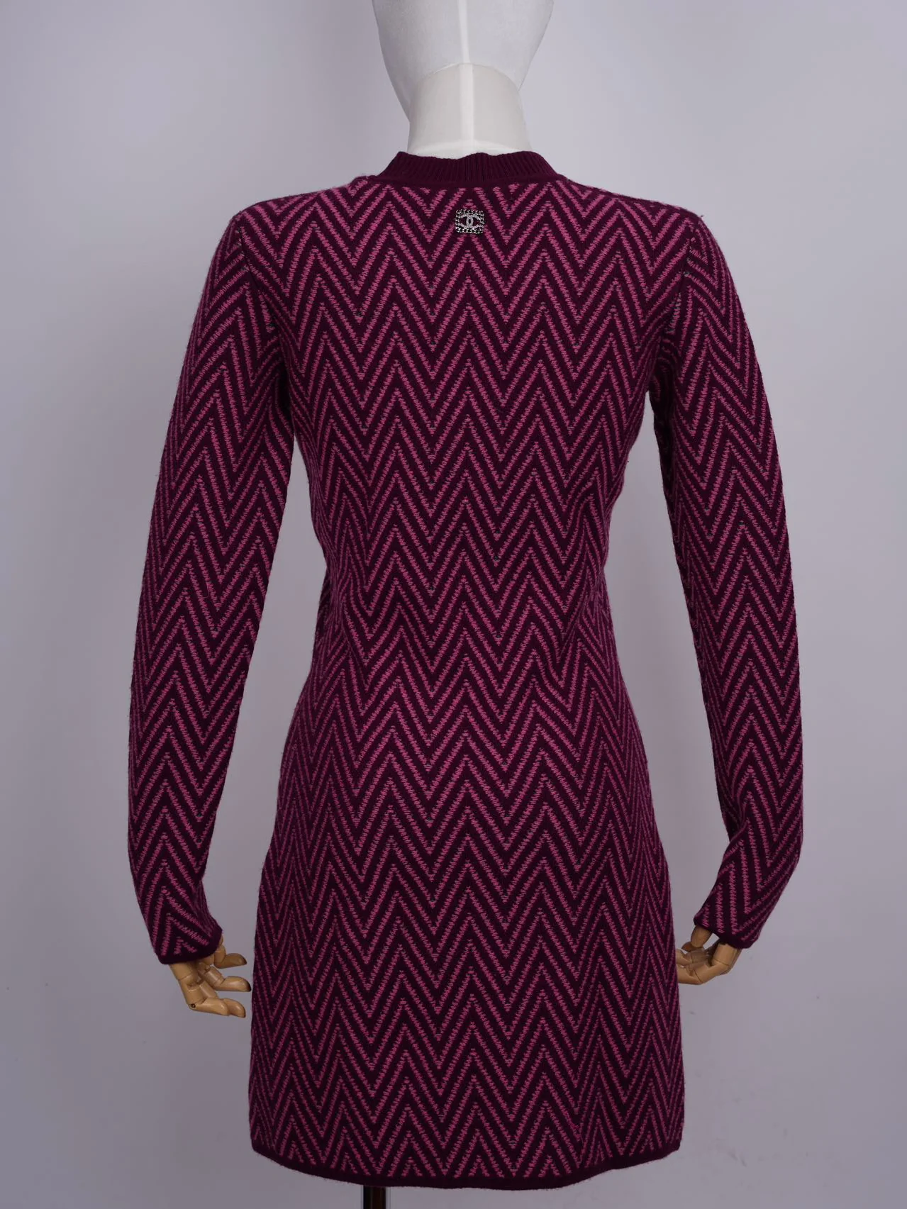 used-Chanel Burgundy and Green Chevron CC Cashmere Knit Dress Size 36-MILOURA