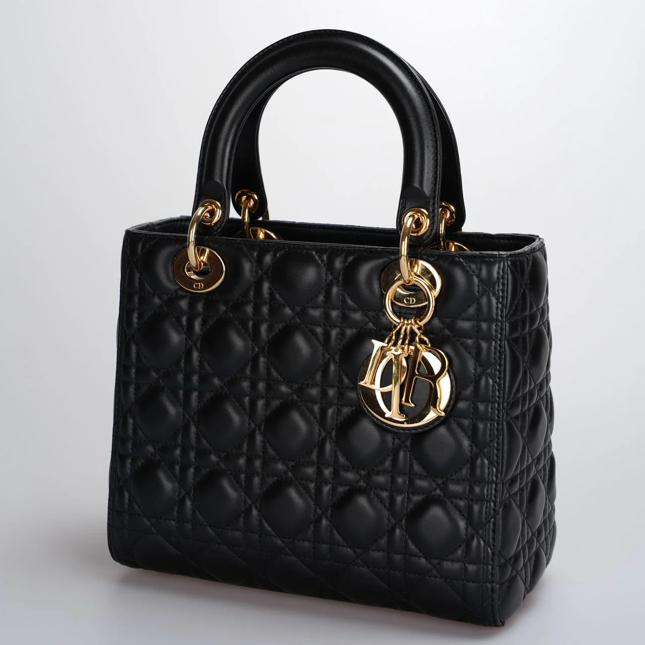 used-Christian Dior Black Medium Lady Dior Bag in Cannage Lambskin Leather with Gold Hardware-MILOURA