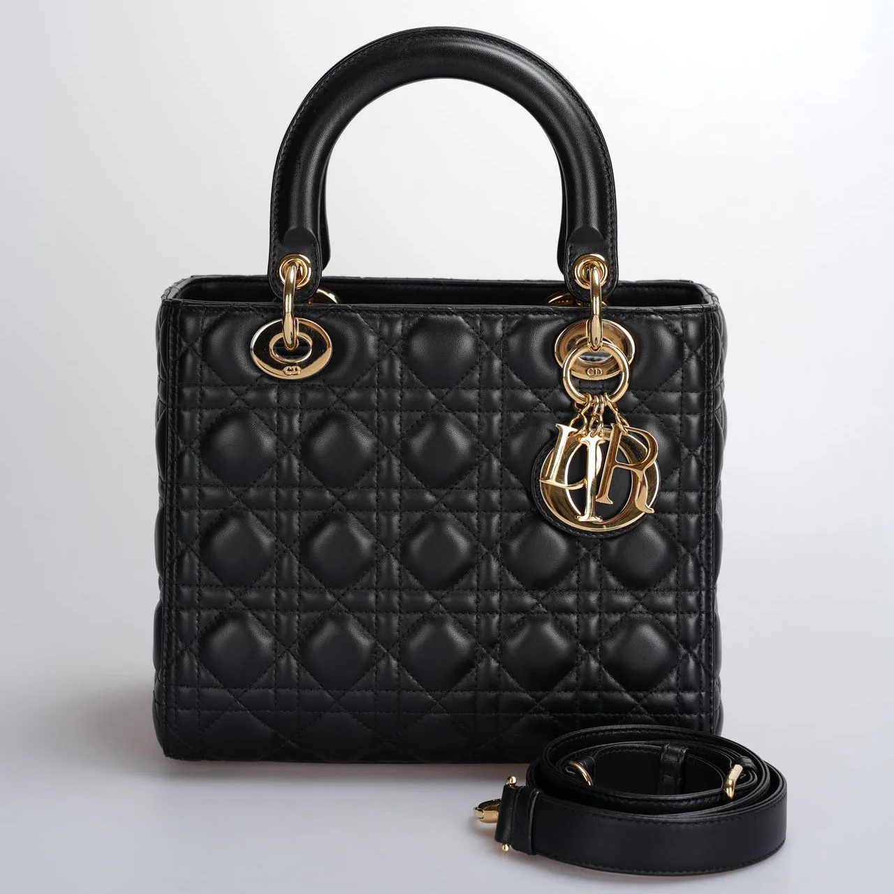 used-Christian Dior Black Medium Lady Dior Bag in Cannage Lambskin Leather with Gold Hardware-MILOURA