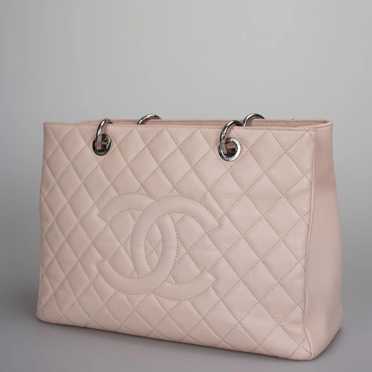 used-Chanel cherry blossom pink Grand Shopping Tote GST Bag in Caviar Leather with Silver Hardware-MILOURA