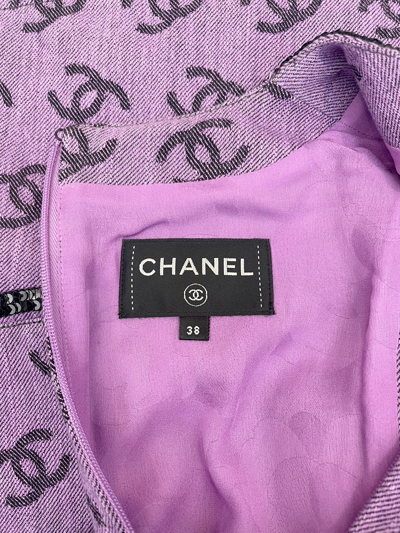 Chanel Cc All OverPrint 22 Runway Mini Dress in Purple Fr 38