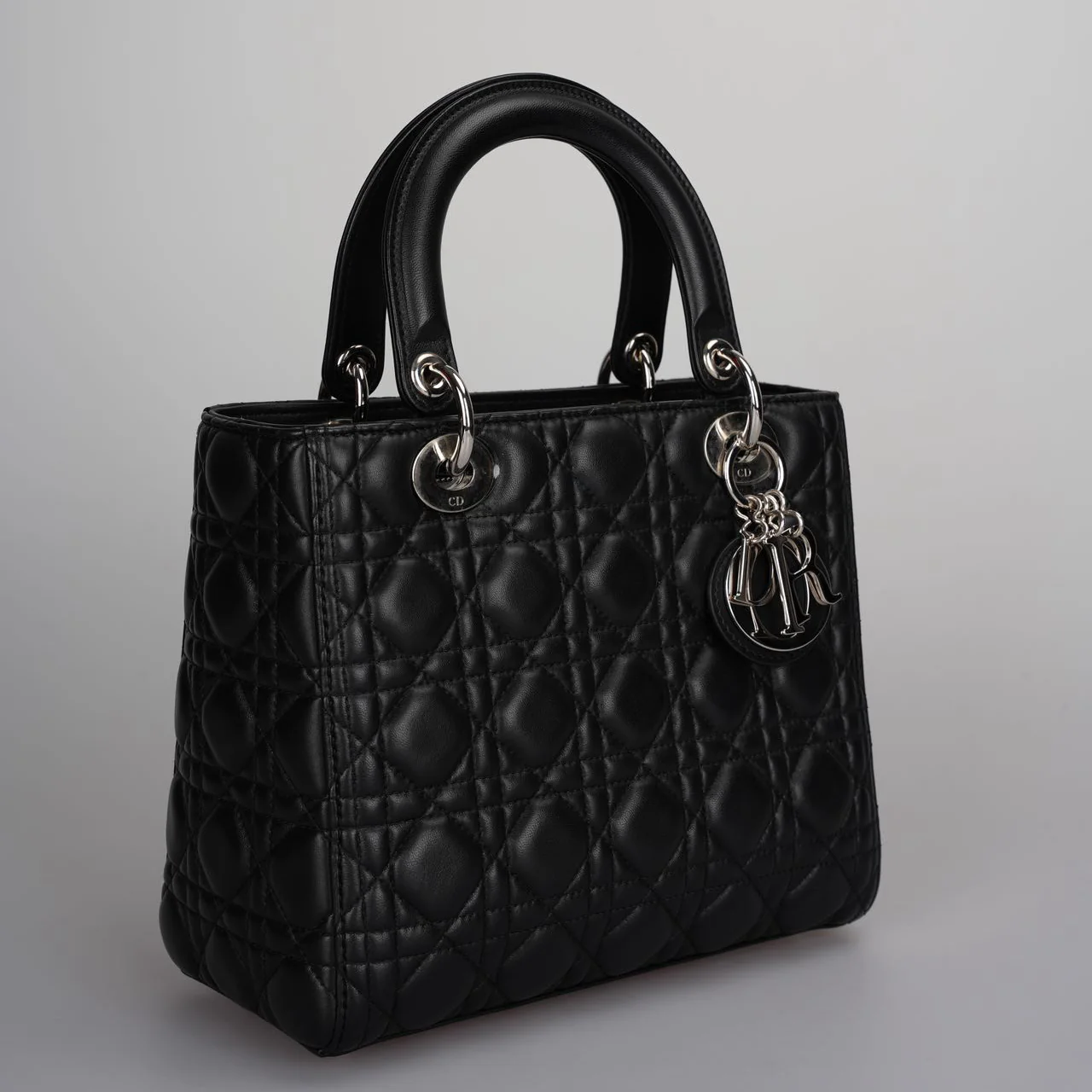 used-Christian Dior Black Medium Lady Dior Bag in Cannage Lambskin Leather with Silver Hardware-MILOURA