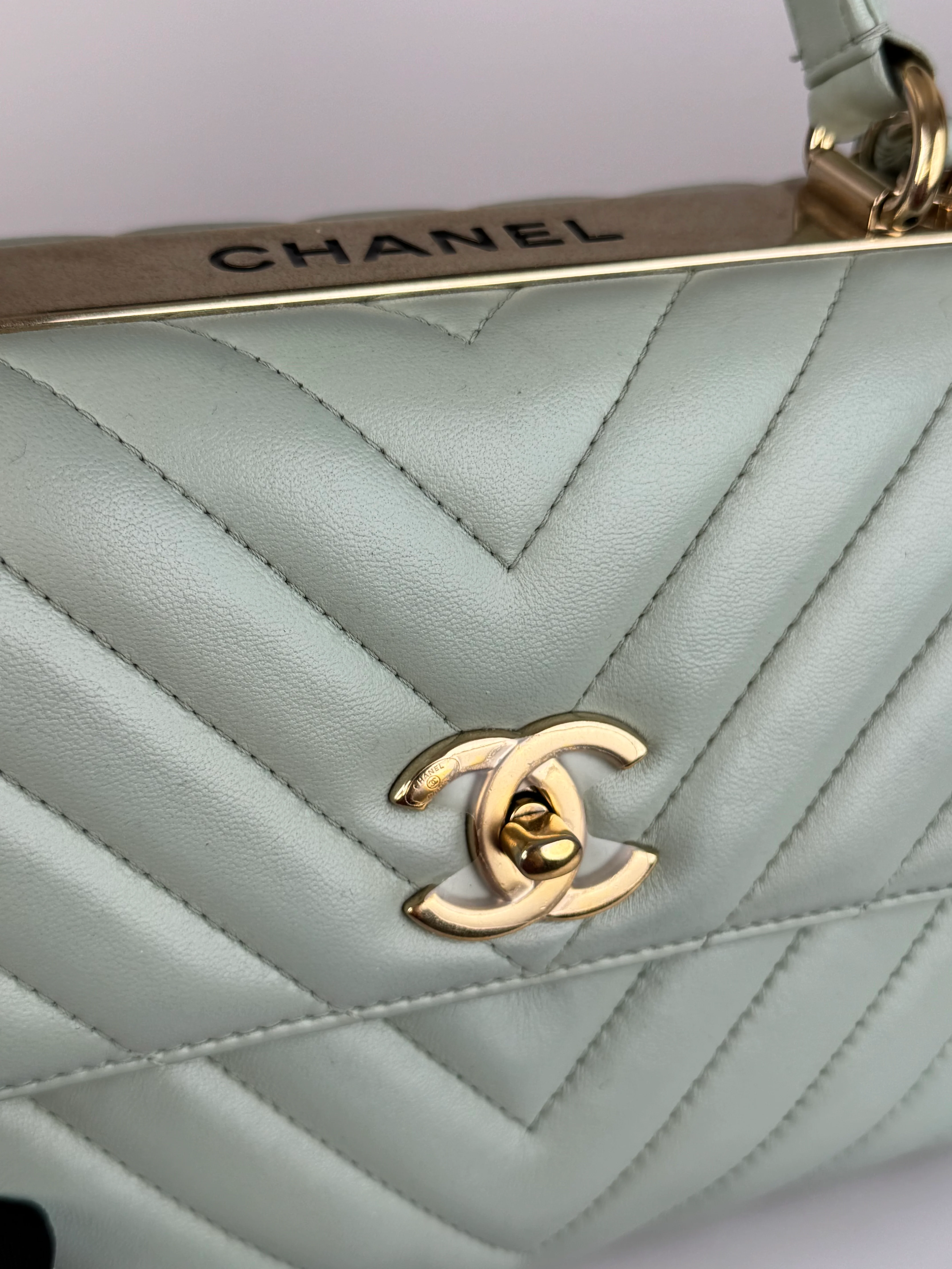 used-CHANEL Lambskin Chevron Quilted Small Trendy CC Dual Handle Flap Bag Light Green-MILOURA