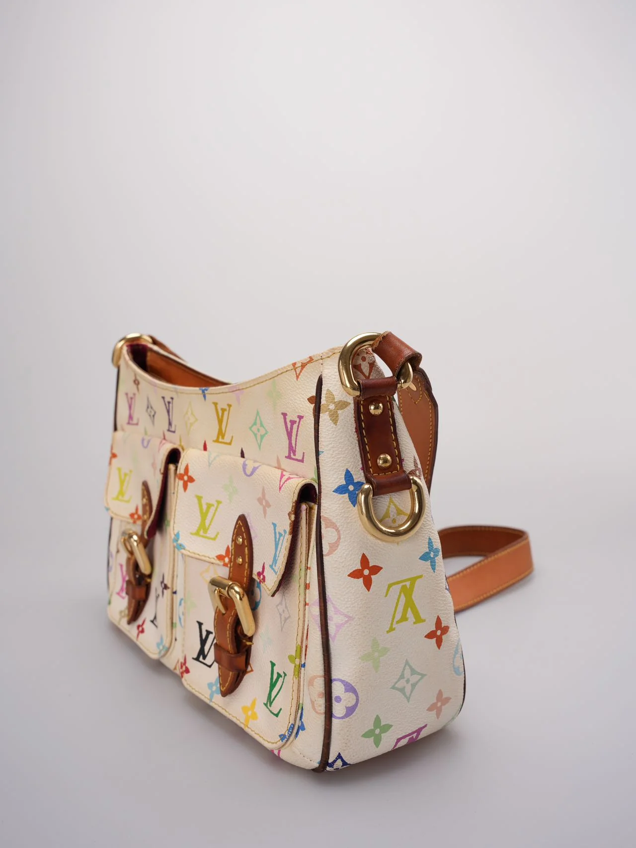 used-Louis Vuitton Takashi Murakami White Multicolore Monogram Coated Canvas Petit Noe Bag Gold Hardware-MILOURA