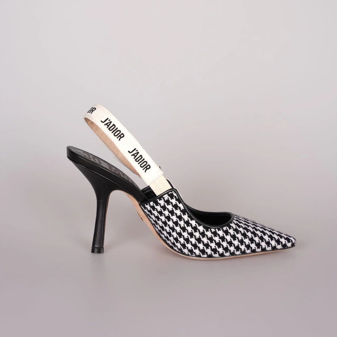 used-Christian Dior Wool Ribbon Houndstooth J'Adior Slingback 8cm Pumps 38D Black White-MILOURA
