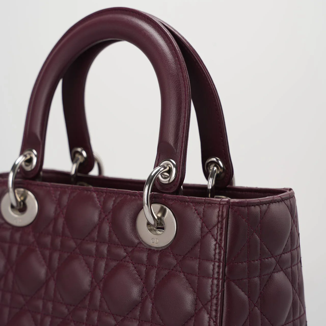 used-Christian Dior Burgundy Lady Dior Bag in Cannage Lambskin Leather with Silver Hardware Medium-MILOURA