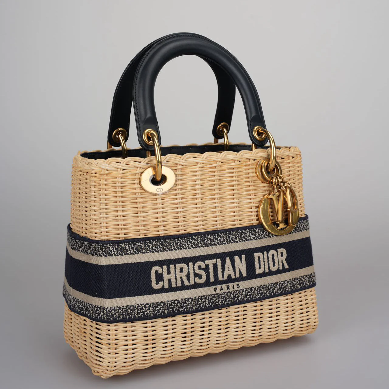 used-Christian Dior Natural Wicker/Blue Oblique Canvas Medium Lady Dior Bag-MILOURA