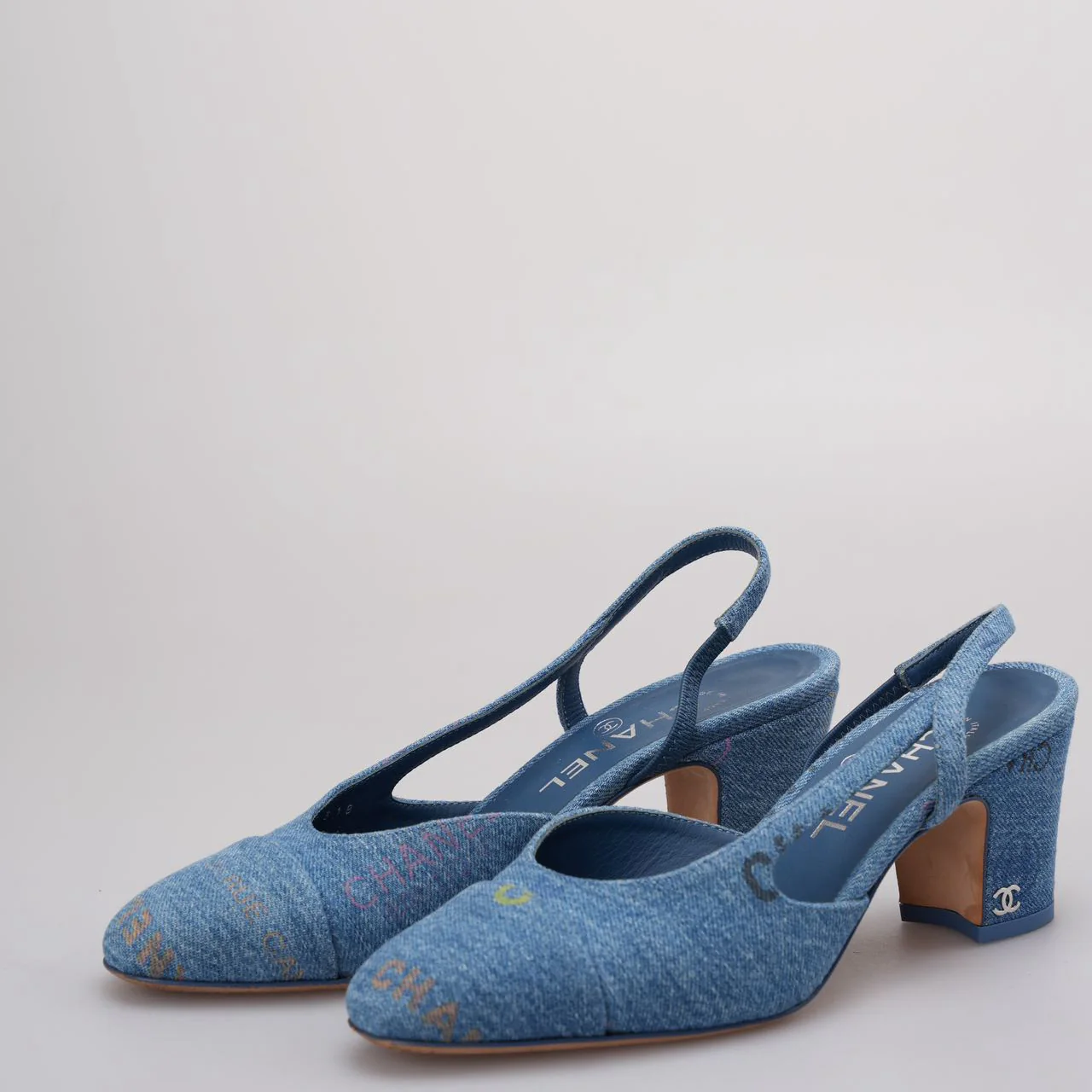 Chanel Denim Cap Toe CC Slingback Pumps Light Blue & Multicolor 36.5