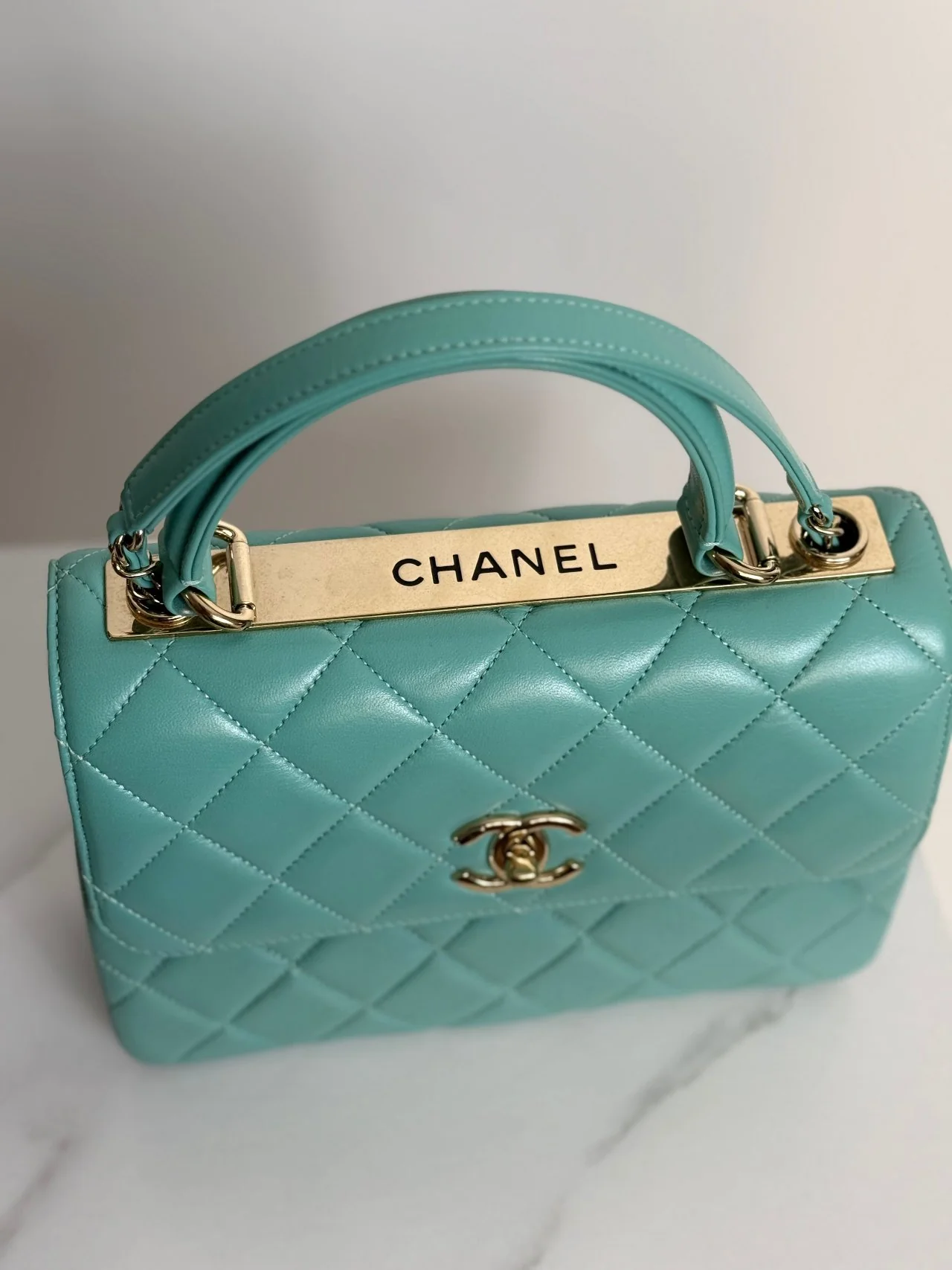 used-CHANEL Small Trendy CC Bag in Tiffany Blue with Gold Hardware-MILOURA