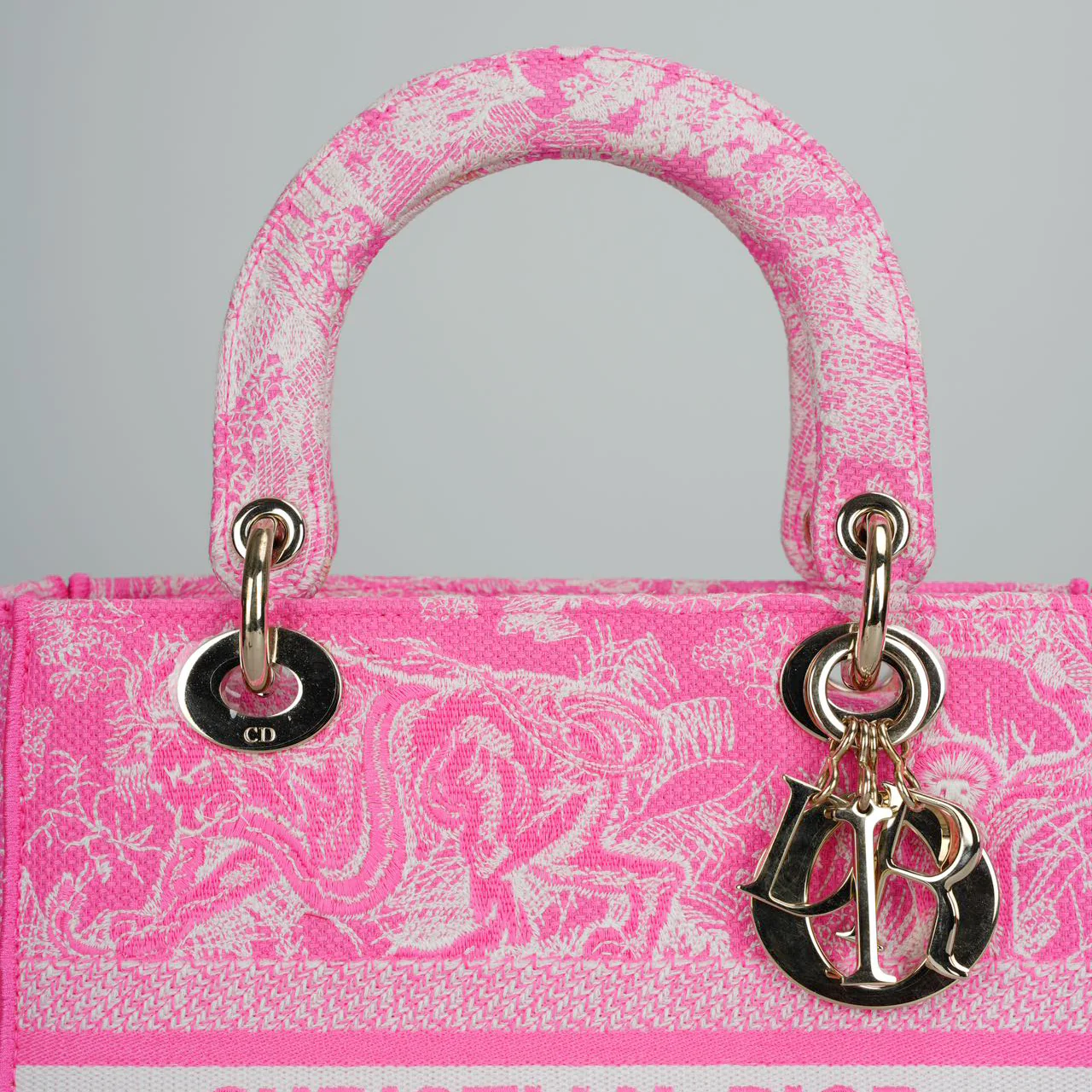 used-Christian Dior Canvas Toile De Jouy Reverse Embroidered Medium Lady D-Lite in Fluorescent Pink-MILOURA