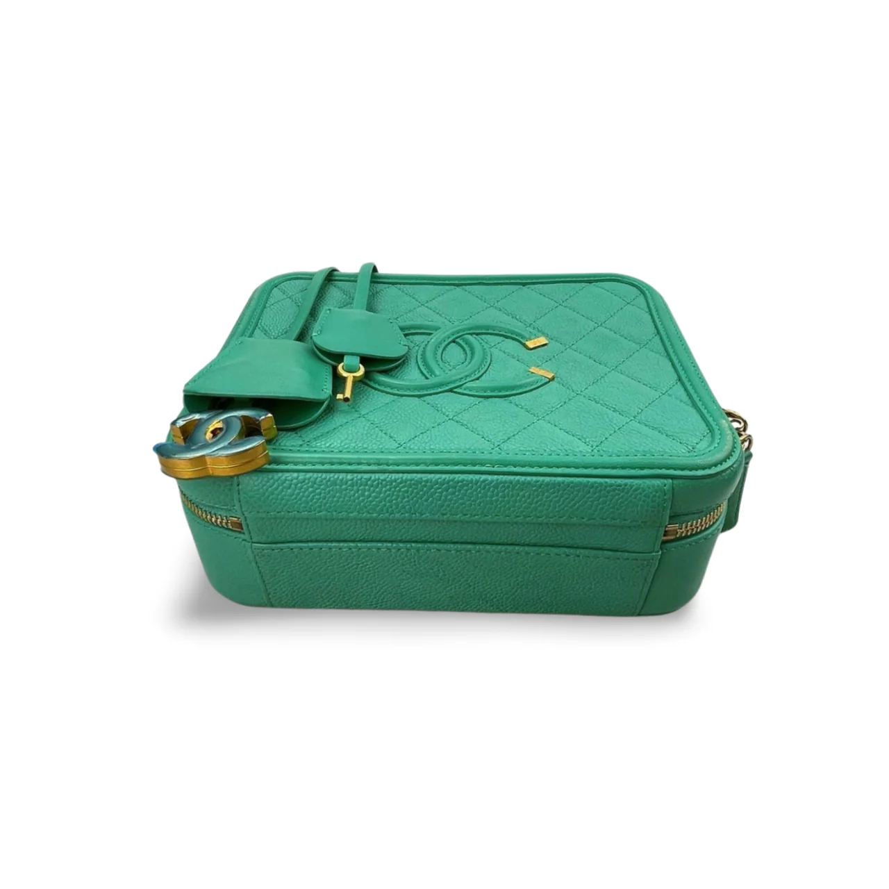 used-Chanel Vanity Case Bag in Caviar Leather Brushed Gold Hardware Mint Green Medium-MILOURA