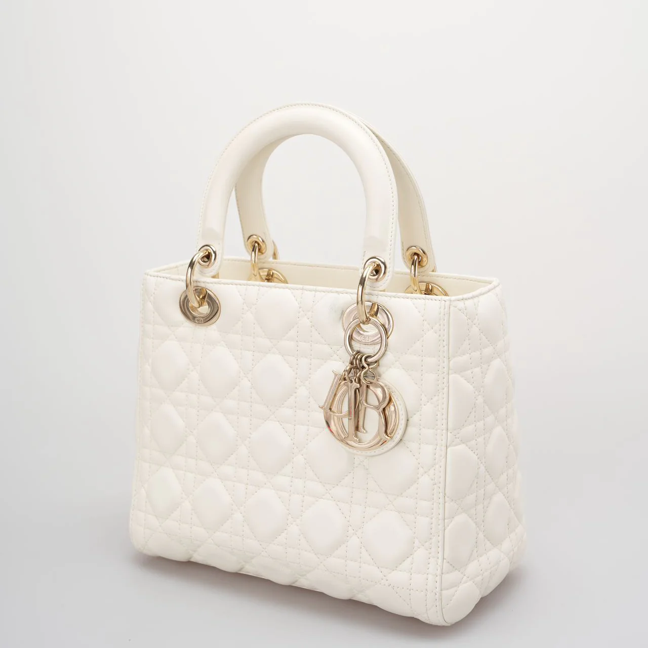used-Christian Dior White Medium Lady Dior Bag in Cannage Lambskin Leather with Gold Hardware-MILOURA