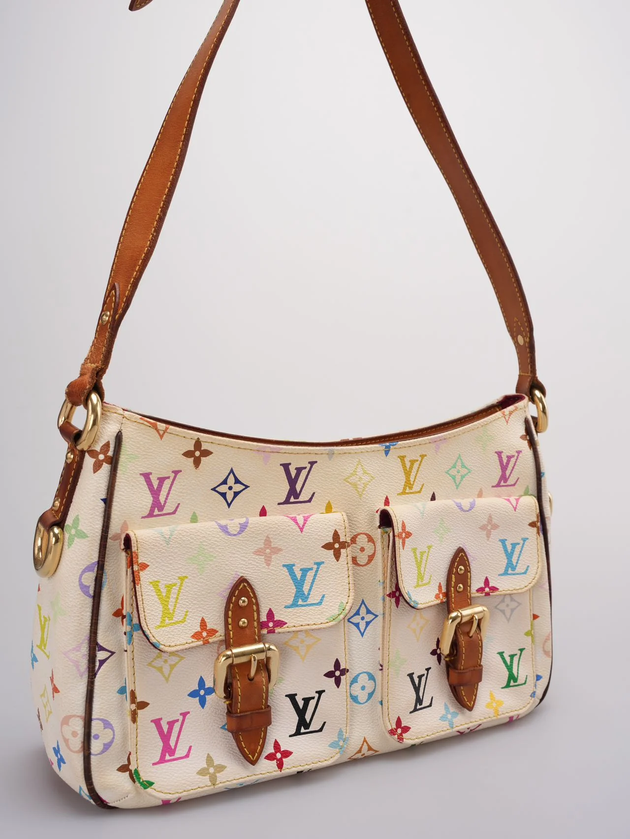used-Louis Vuitton Takashi Murakami White Multicolore Monogram Coated Canvas Petit Noe Bag Gold Hardware-MILOURA