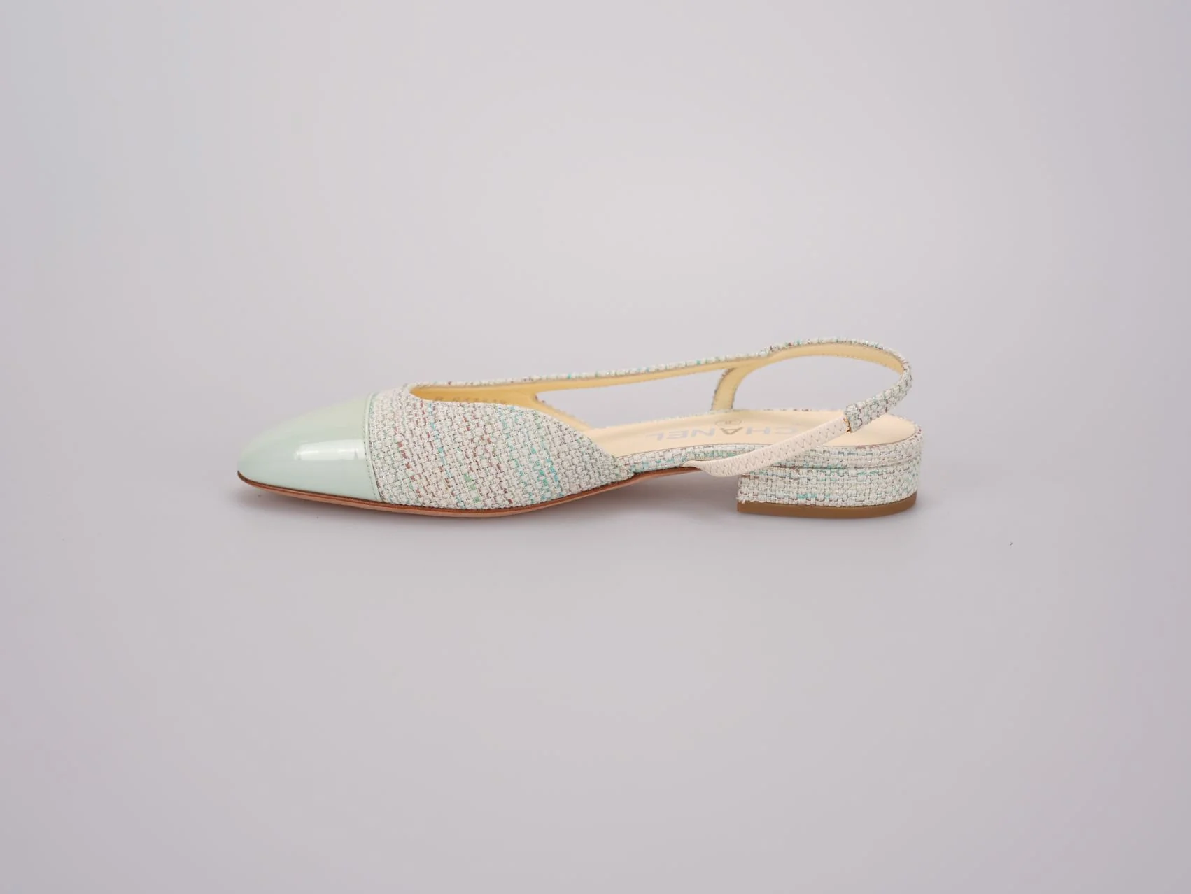 used-Chanel Light Green Tweed Slingback Patent Cap Toe Ballerinas 36-MILOURA