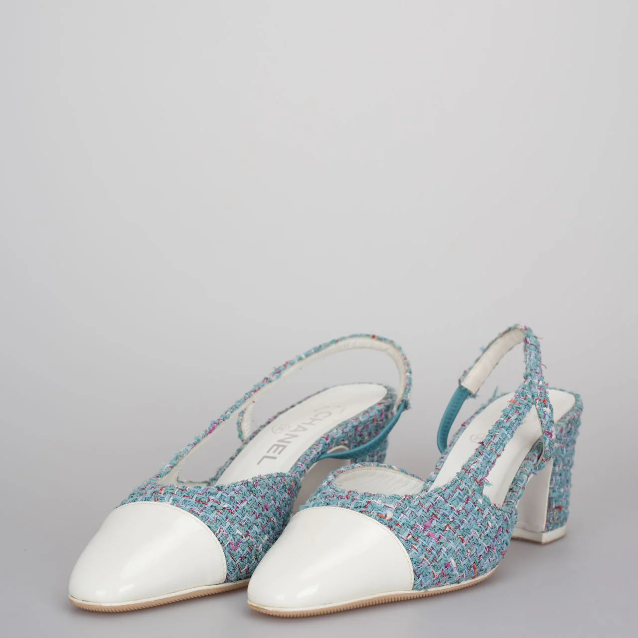 used-Chanel tweed slingback Tiffany blue pumps 38-MILOURA
