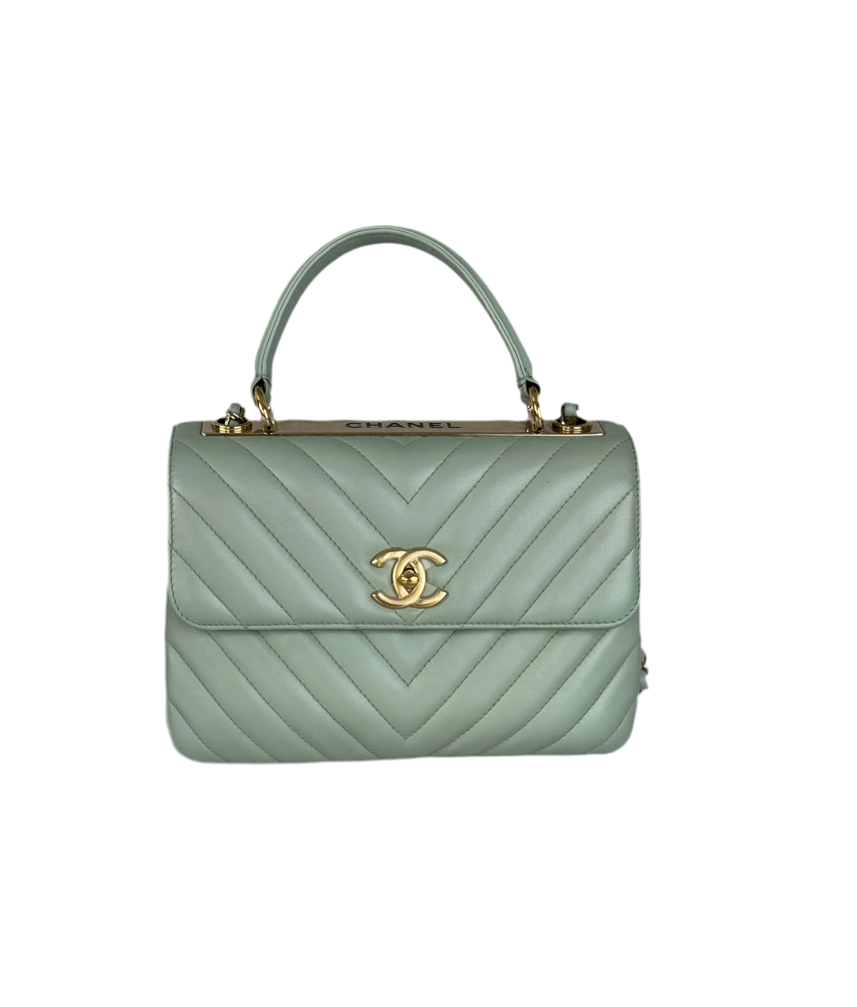 used-CHANEL Lambskin Chevron Quilted Small Trendy CC Dual Handle Flap Bag Light Green-MILOURA