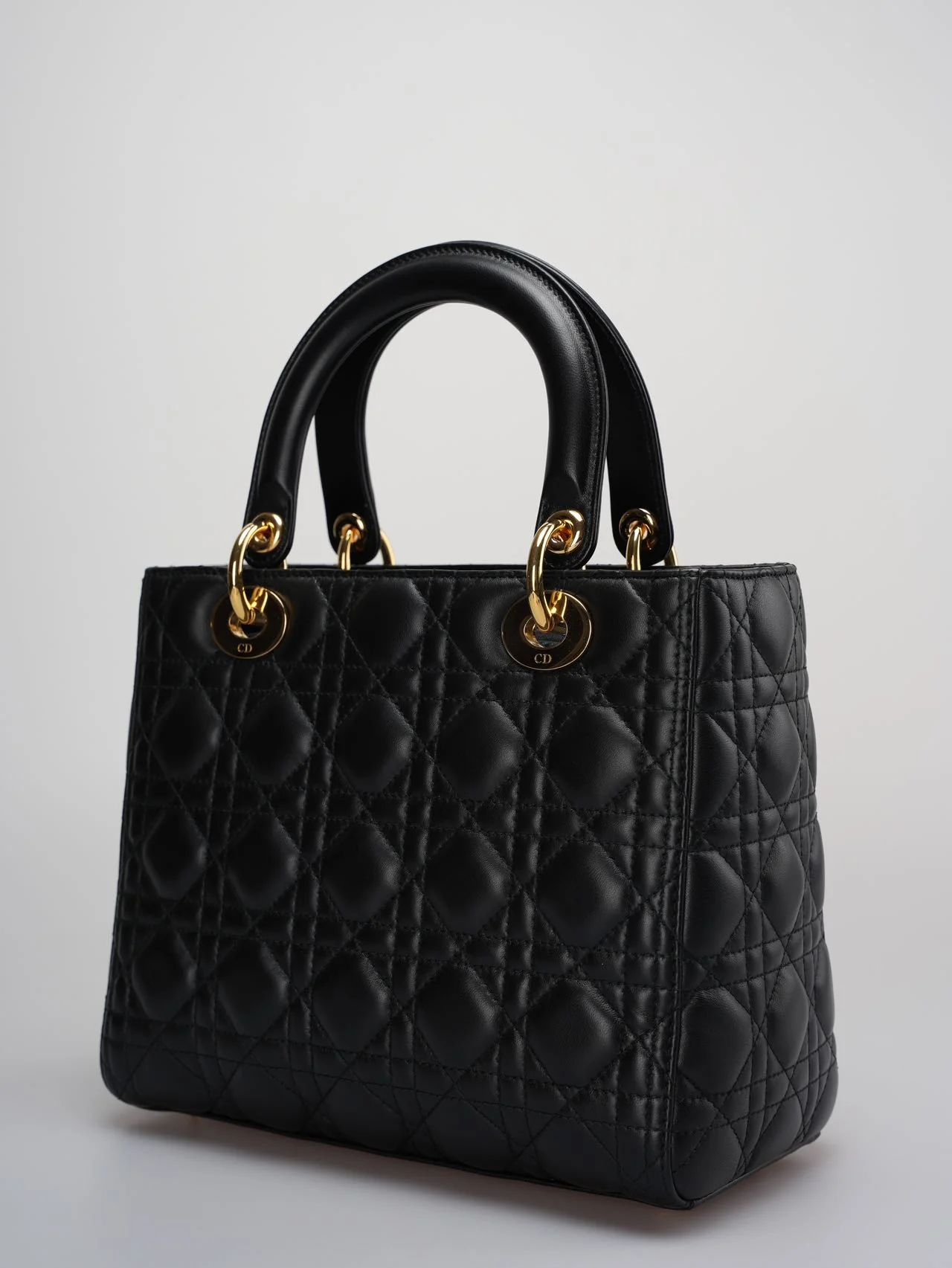 used-Christian Dior Black Lady Dior Bag Medium in Cannage Lambskin Leather with Gold Hardware-MILOURA