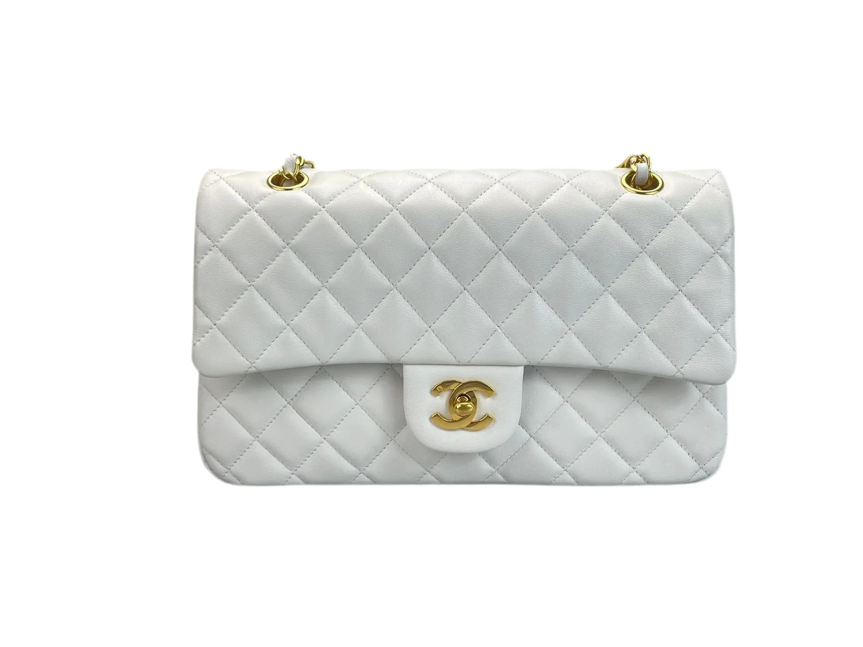 used-Chanel Vinateg White Classic Flap Bag with Gold Hardware-MILOURA