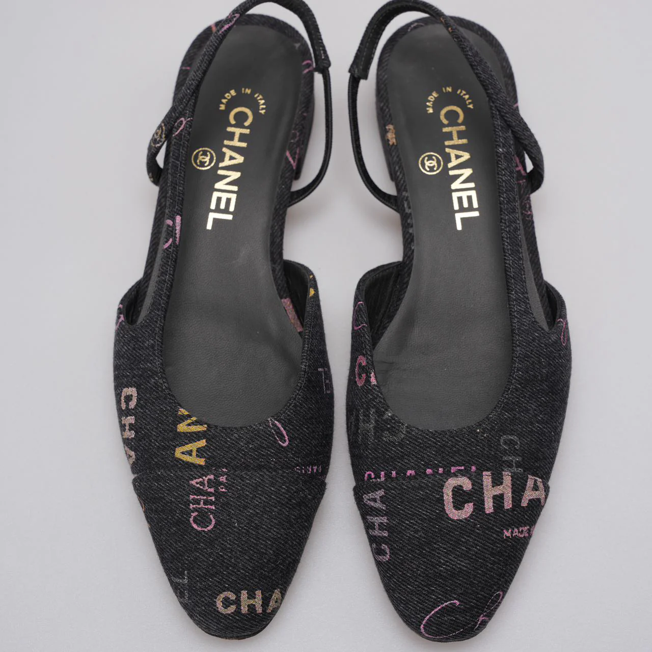 Chanel Black Denim Slingback Mademoiselle Coco Flat size 38