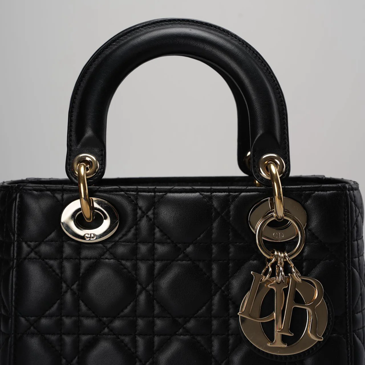 used-Christian Dior Black Small Lady Dior Bag in Cannage Lambskin Leather with Gold Hardware-MILOURA