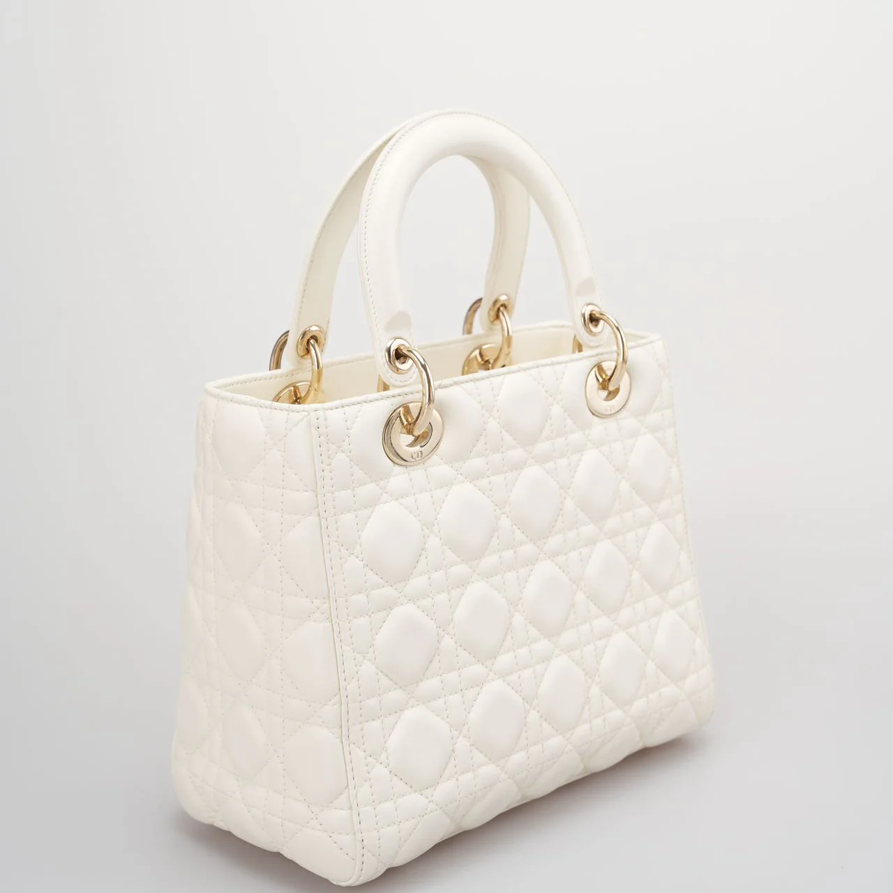 used-Christian Dior White Medium Lady Dior Bag in Cannage Lambskin Leather with Gold Hardware-MILOURA