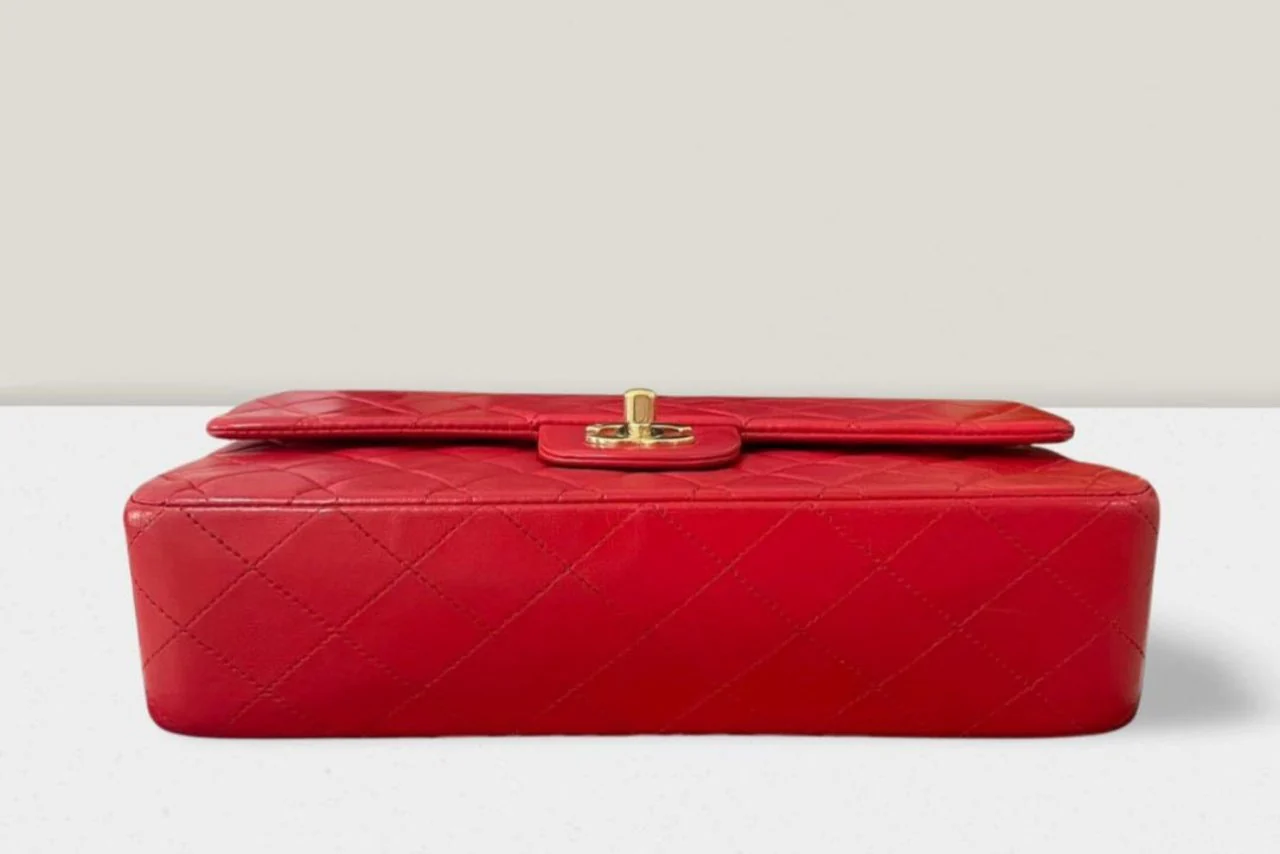 used-Chanel Red Vintage Classic Double Flap Bag Medium in Lambskin Leather 24K Gold Hardware-MILOURA