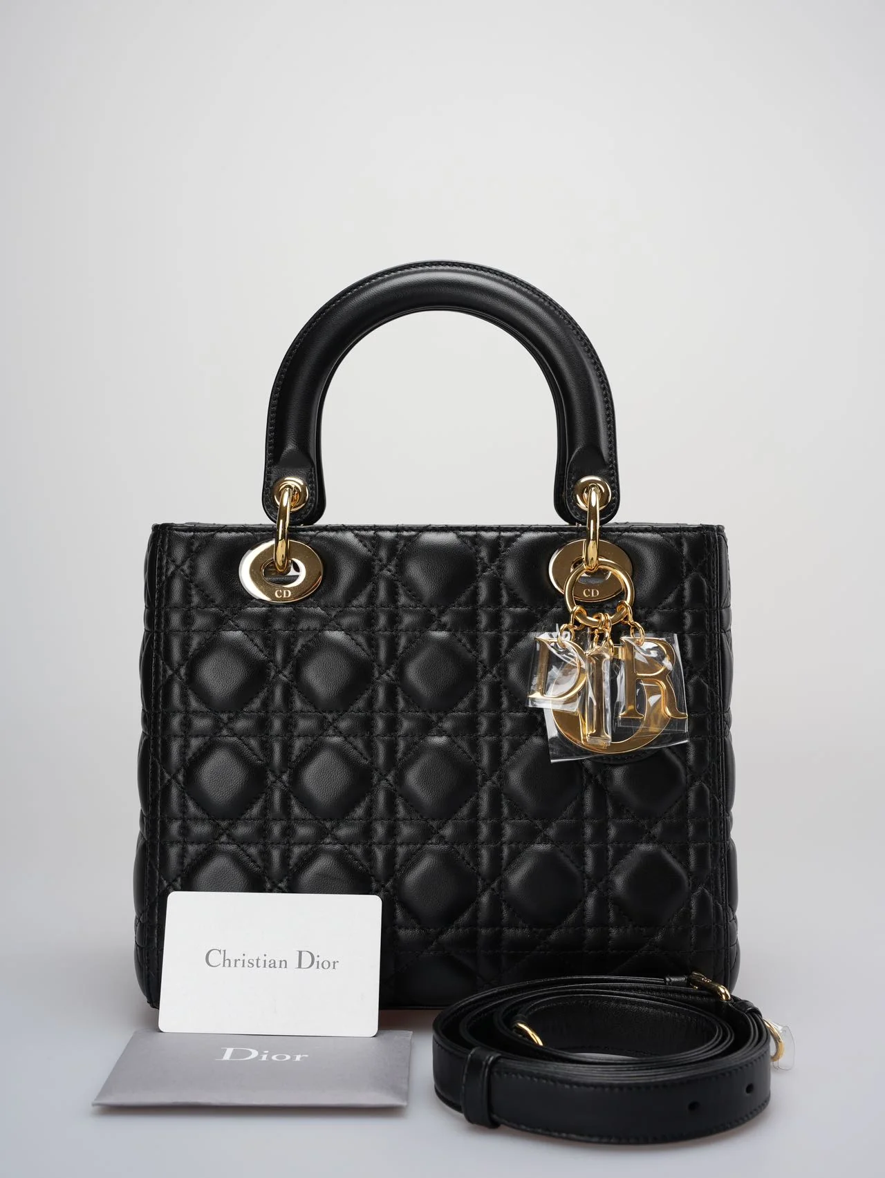 used-Christian Dior Black Lady Dior Bag Medium in Cannage Lambskin Leather with Gold Hardware-MILOURA