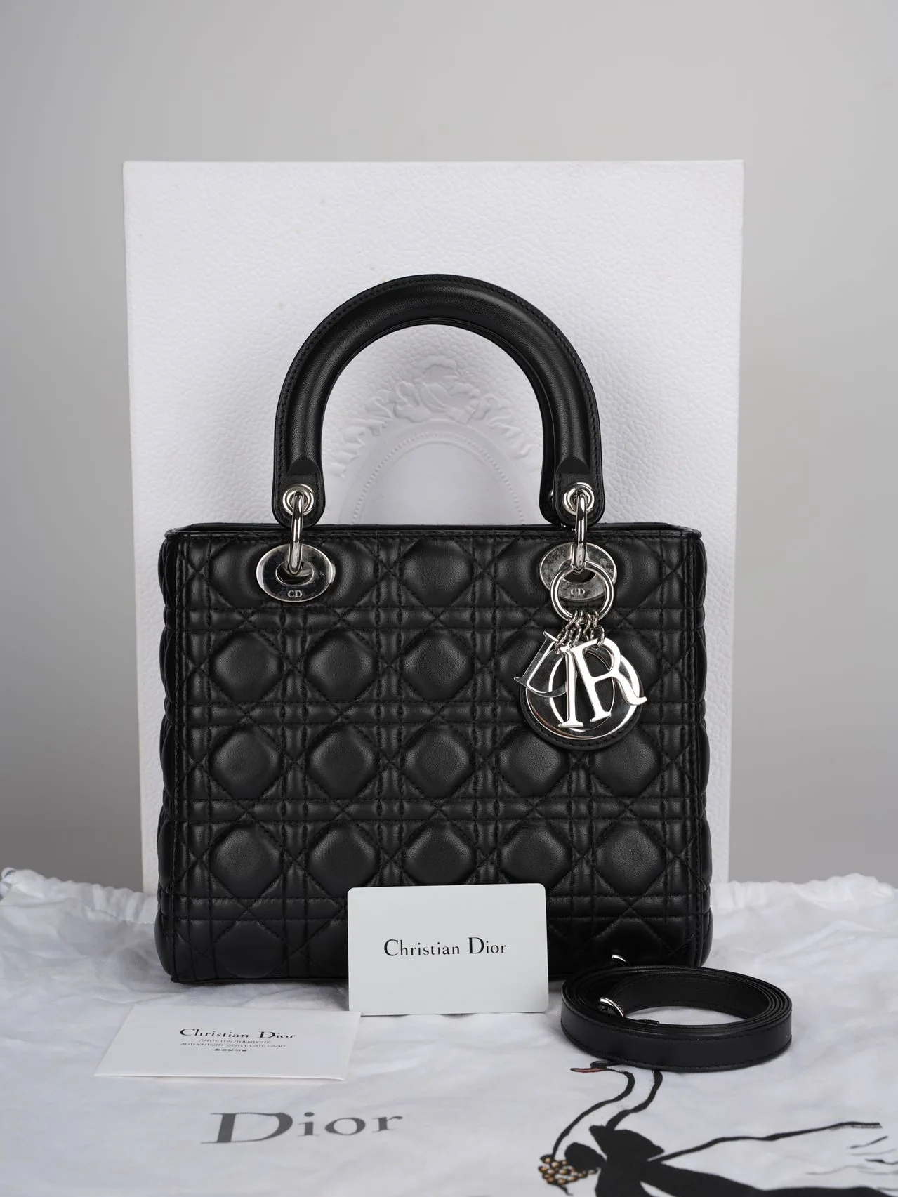 used-Christian Dior Black Medium Lady Dior Bag in Cannage Lambskin Leather with Silver Hardware-MILOURA