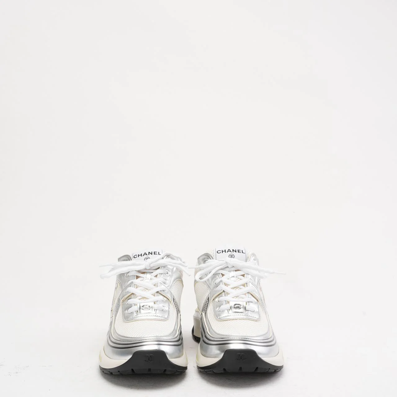Chanel CC Logo Sneaker in White and Silver 40.5