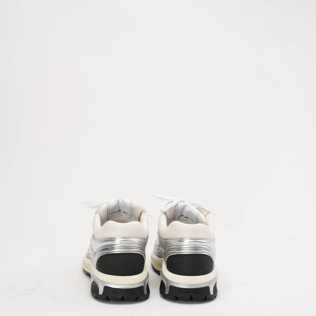 Chanel CC Logo Sneaker in White and Silver 40.5