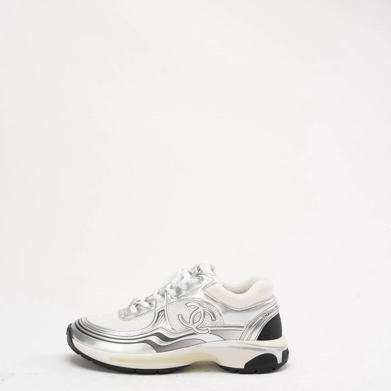 Chanel CC Logo Sneaker in White and Silver 40.5