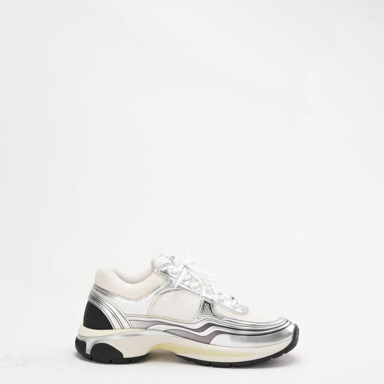 Chanel CC Logo Sneaker in White and Silver 40.5