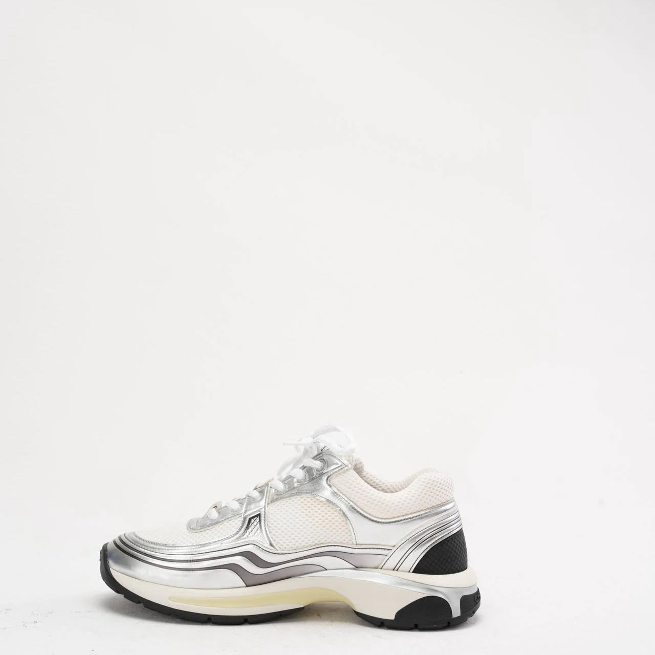 Chanel CC Logo Sneaker in White and Silver 40.5