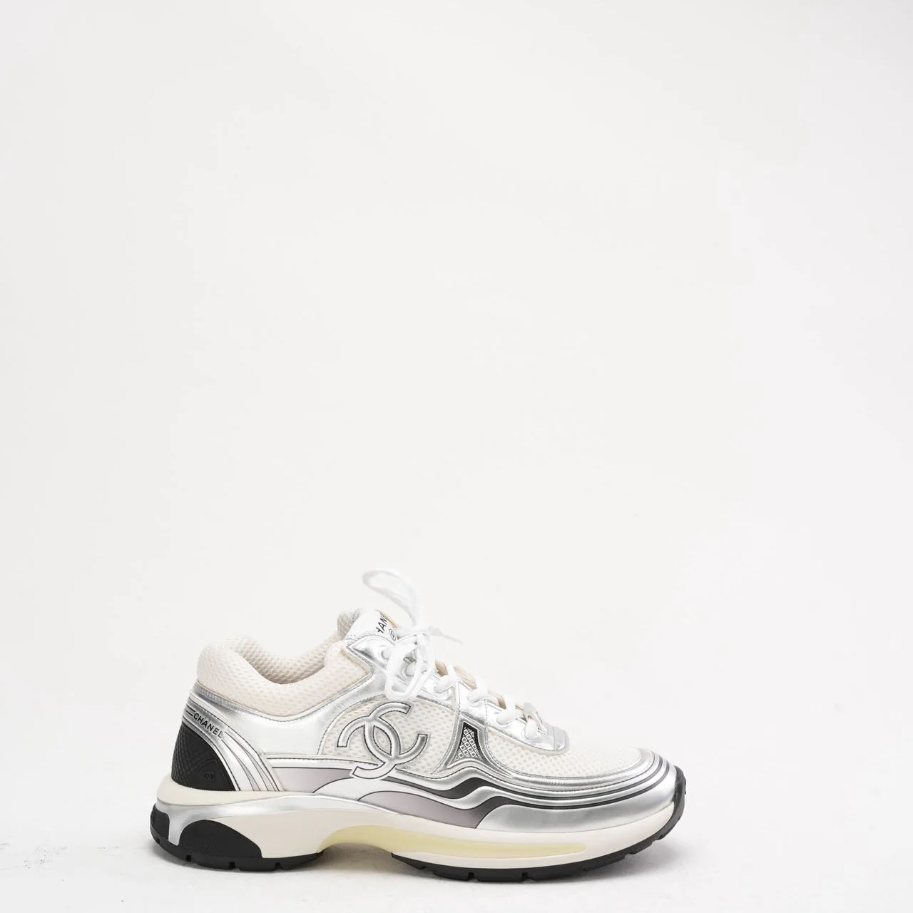 Chanel CC Logo Sneaker in White and Silver 40.5