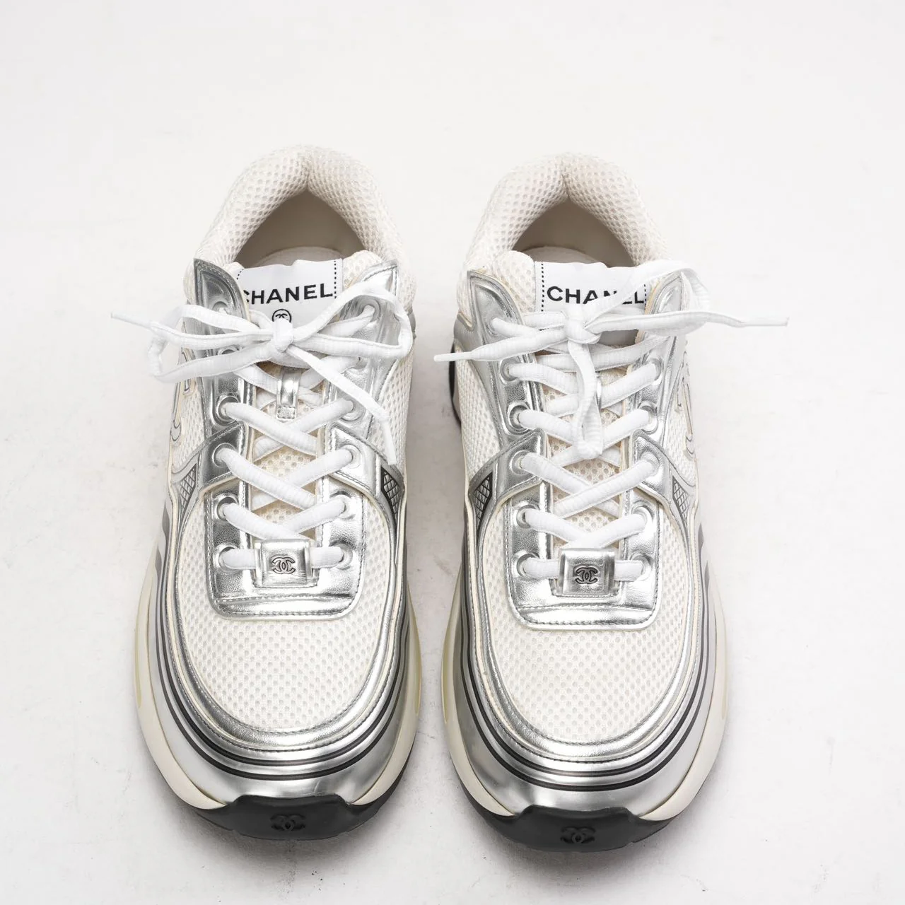 Chanel CC Logo Sneaker in White and Silver 40.5