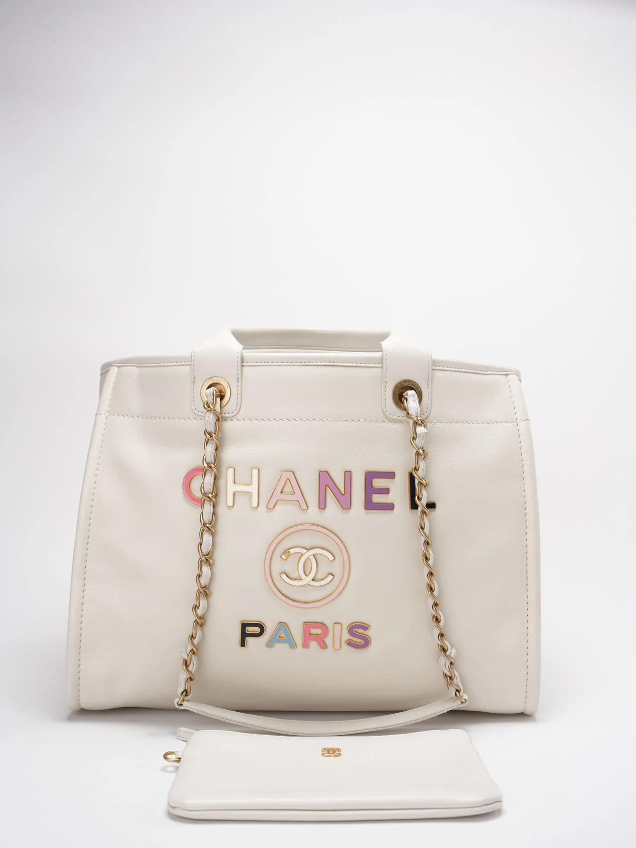 Chanel Deauville Tote Bag With Pouch Enamel White Calfskin Leather Multicolour (2022SS) Limited Edition High Quality Designer Jewelry
