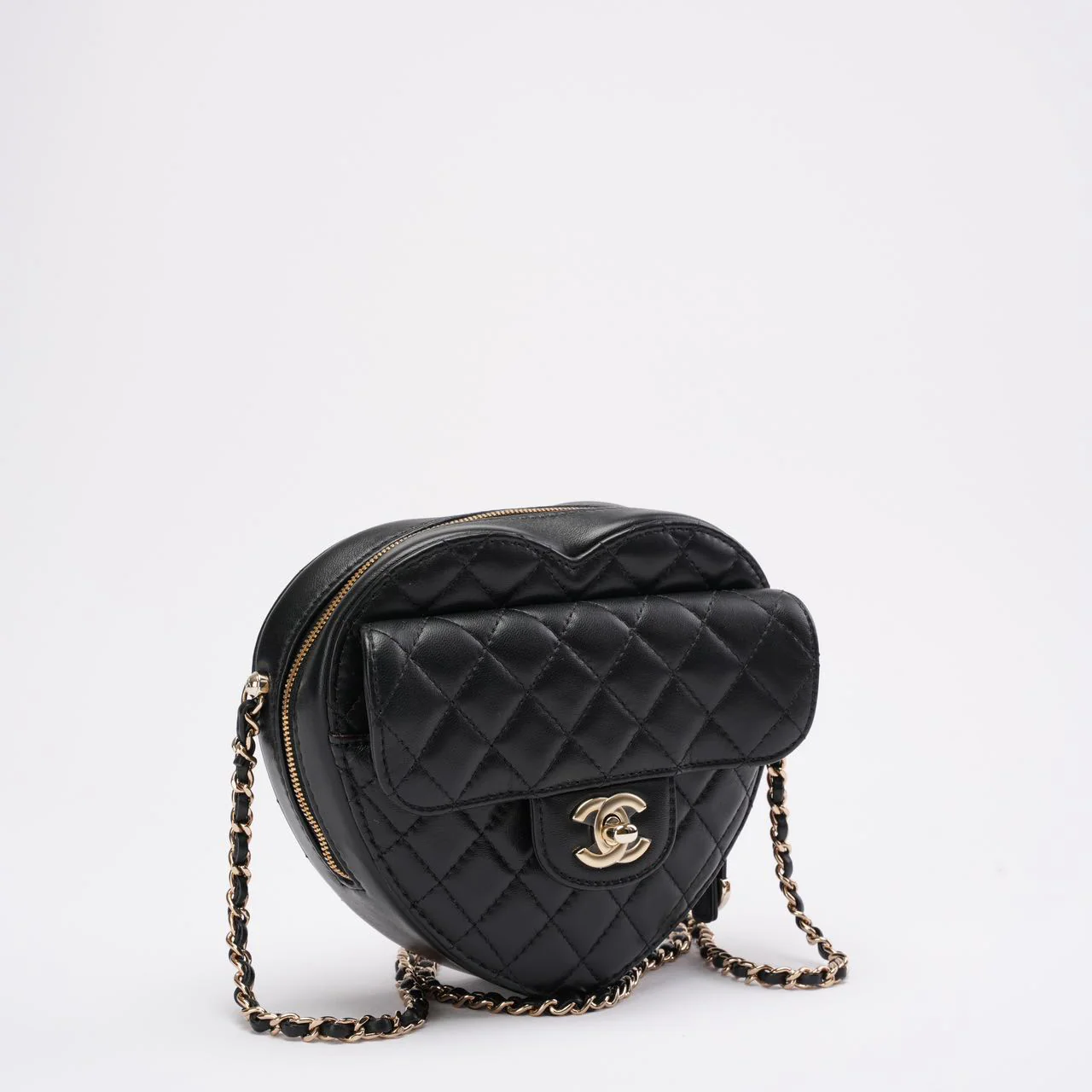 Chanel Black Lambskin Quilted CC in Love Heart Clutch with Chain 2022