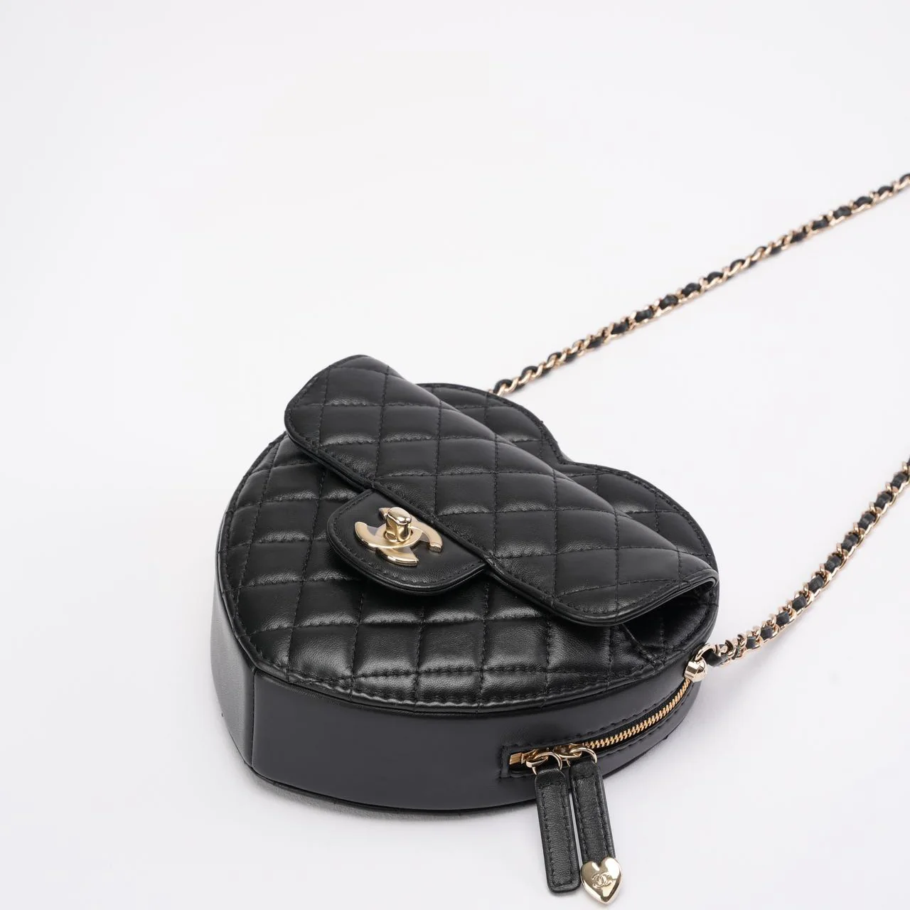 Chanel Black Lambskin Quilted CC in Love Heart Clutch with Chain 2022