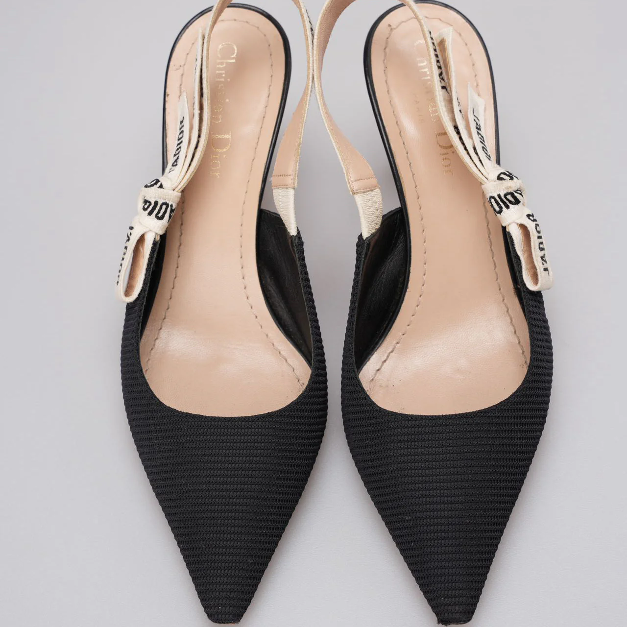 Christian Dior Ribbon Black Fabric J'adior Slingback Pumps Size 38.5