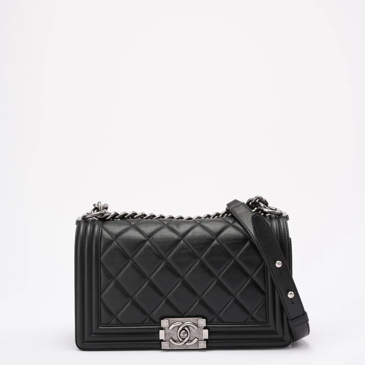 Chanel Boy Medium Black Flap Bag Quilted Lambskin 2014