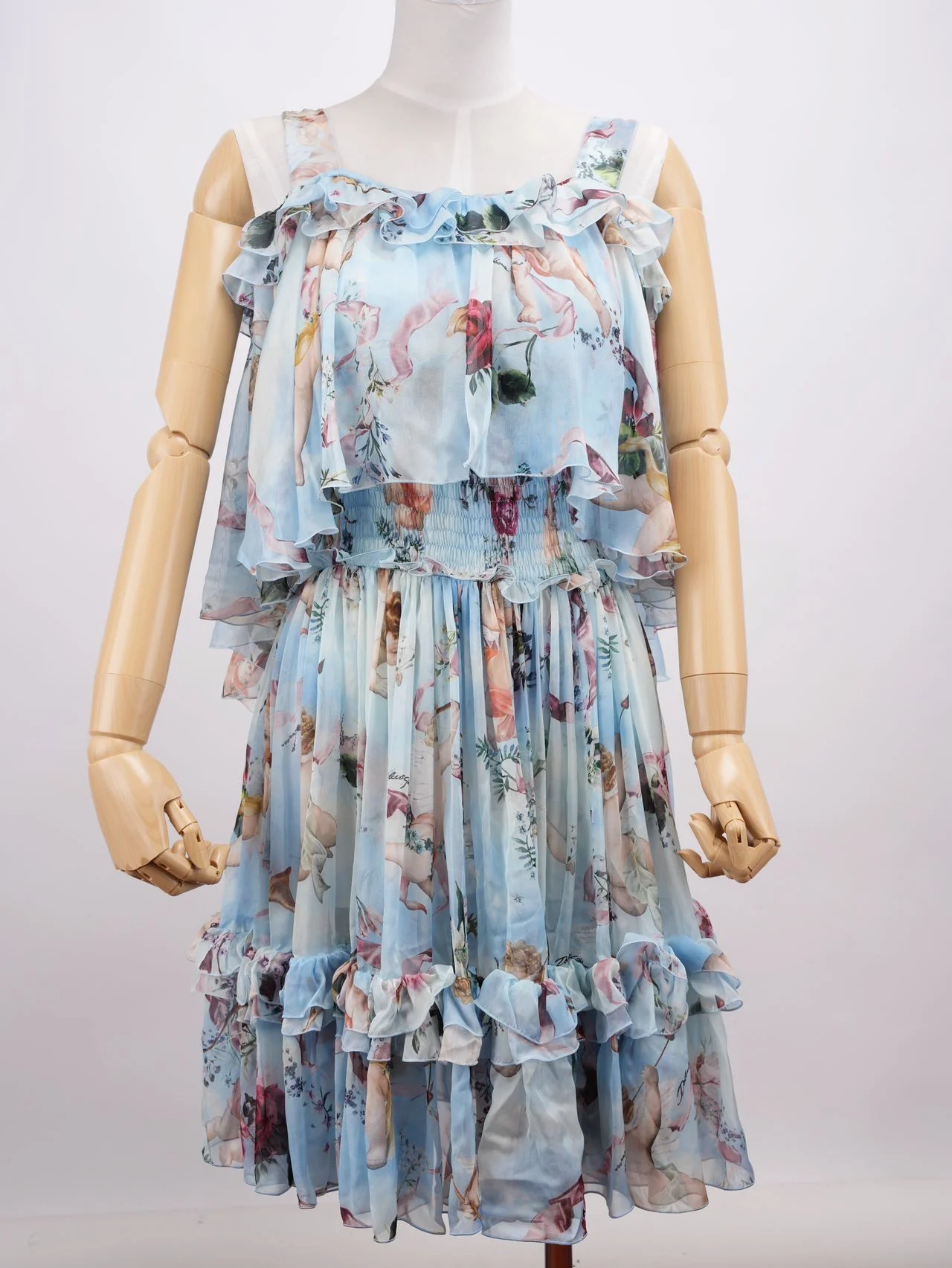 Dolce Gabbana Blue Angle Printed Silk Pleated Midi Dress Blue and Multicolor 38