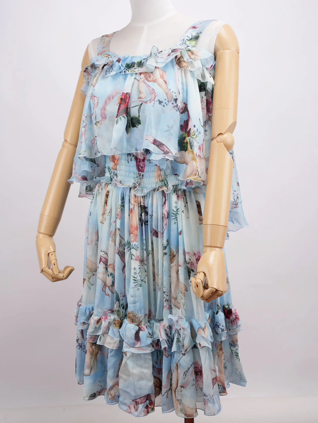 Dolce Gabbana Blue Angle Printed Silk Pleated Midi Dress Blue and Multicolor 38