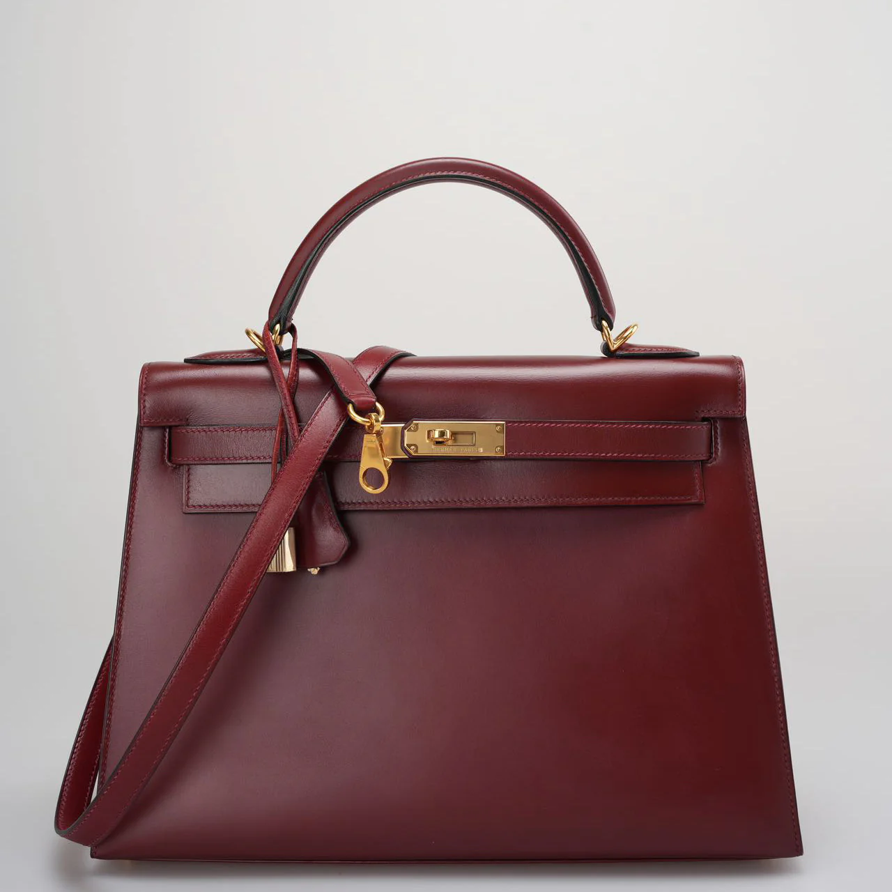 Hermes Kelly 32 Sellier Bag In Burgundy Box Leather With Gold Hardware from 2004 Front side