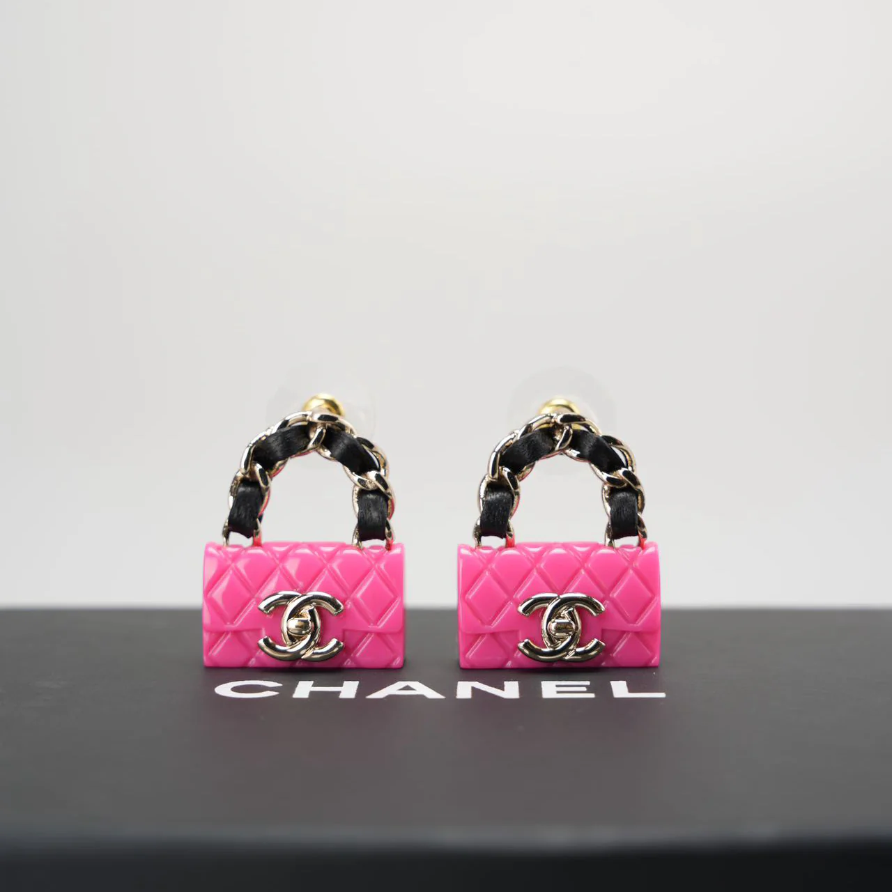 Chanel Resin Lambskin Turnlock Flap Bag Earrings in Hot Pink and Black