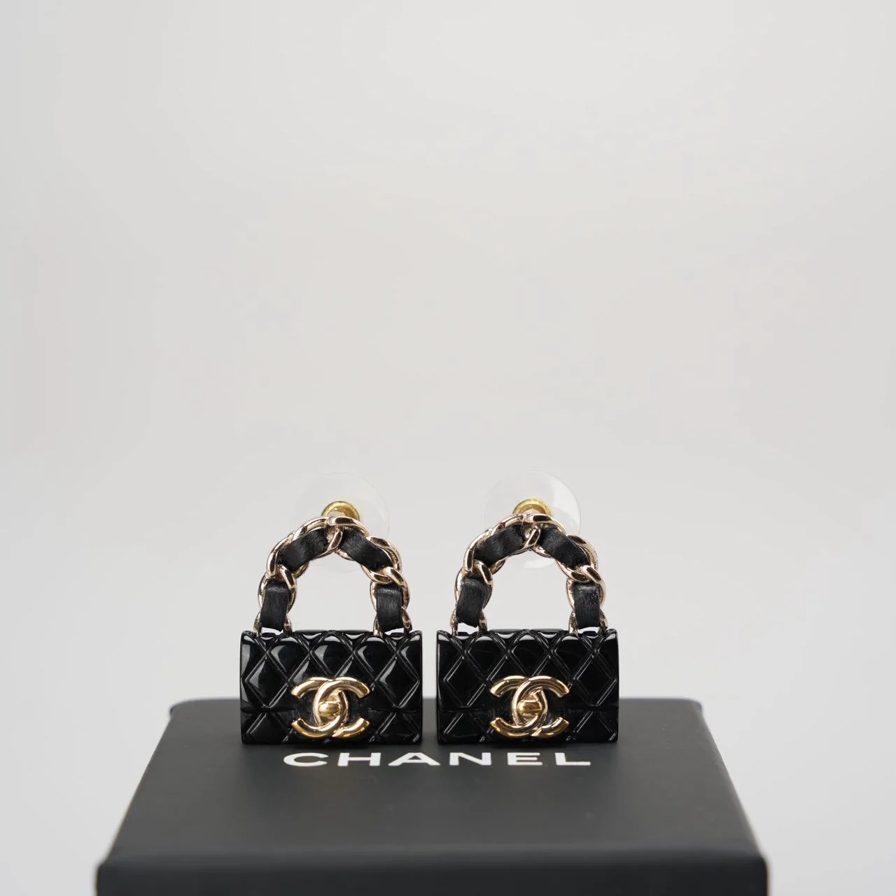 Chanel Resin Lambskin Turnlock Flap Bag Earrings in Black and Gold