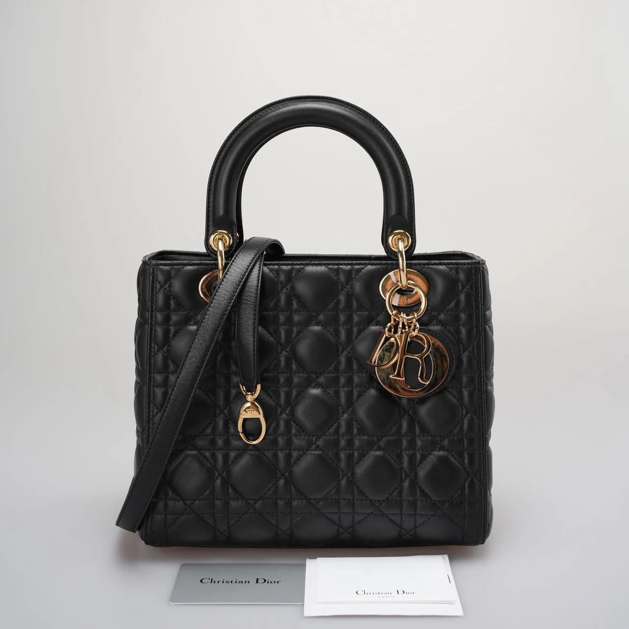 Dior Black Lady Dior Bag In Medium Size Cannage Lambskin Leather with GoId Hardware From 2016