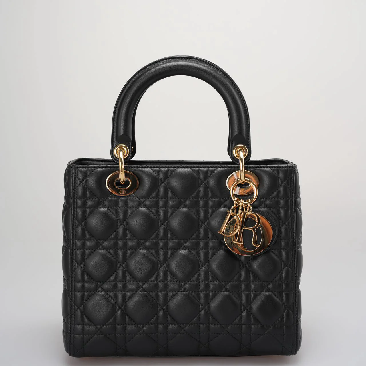 Dior Black Lady Dior Bag In Medium Size Cannage Lambskin Leather with GoId Hardware From 2016