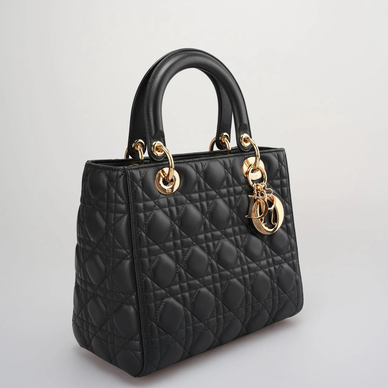 Dior Black Lady Dior Bag In Medium Size Cannage Lambskin Leather with GoId Hardware From 2016