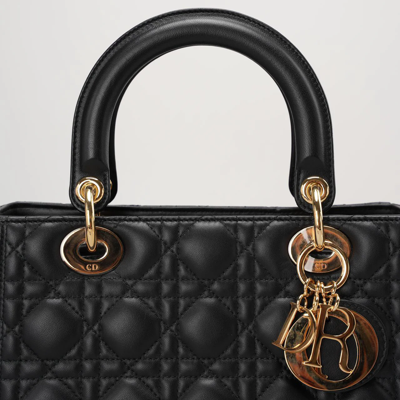 Dior Black Lady Dior Bag In Medium Size Cannage Lambskin Leather with GoId Hardware From 2016